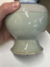 A rare Chinese blue and white, celadon-and-ge-glazed triple gourd vase, Kangxi