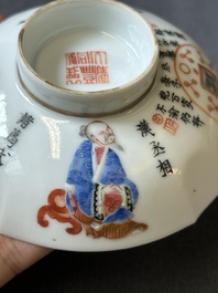 A Chinese famille rose 'Wu Shuang Pu' bowl with cover, a saucer and four covers, Daoguang/Xianfeng