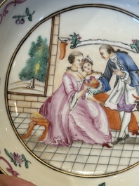 Three Chinese export famille rose 'European subject' cups and two saucers, Qianlong