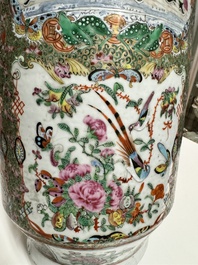 A pair of Chinese Canton famille rose vases with figures, flowers and insects, 19th C.