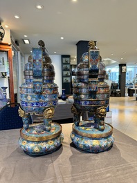 A pair of Chinese cloisonn&eacute; censers with covers and stands, 19/20th C.