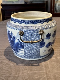 A fine Chinese blue and white 'landscape and antiquities' bowl with silver handles, Kangxi
