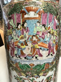 A pair of Chinese Canton famille rose vases with figures, flowers and insects, 19th C.