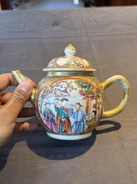 A Chinese Canton famille rose 'mandarin subject' covered teapot and a pair of saucers, Qianlong