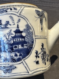 A Chinese blue and white teapot depicting the Whampoa Pagoda and the Pearl River, Qianlong