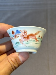 Five Chinese famille rose cups and saucers with horses, birds and flowers, Yongzheng/Qianlong
