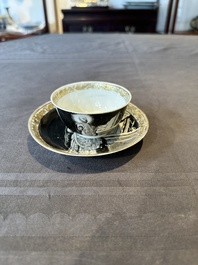 A rare Chinese grisaille and gilt cup and saucer with Ignatius of Loyola, Qianlong