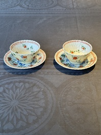 A pair of Chinese famille verte cafe-au-lait-ground cups and saucers, Kangxi
