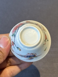 Five Chinese famille rose cups and saucers with horses, birds and flowers, Yongzheng/Qianlong