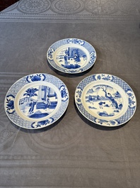 Three Chinese blue and white plates with figural design, Chenghua and Kangxi mark, Kangxi