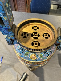 A pair of Chinese cloisonn&eacute; censers with covers and stands, 19/20th C.