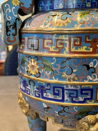 A pair of Chinese cloisonn&eacute; censers with covers and stands, 19/20th C.