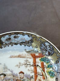 A Chinese Canton famille rose 'mandarin subject' covered teapot and a pair of saucers, Qianlong