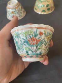 Two pairs of Chinese famille verte cups and saucers, Kangxi