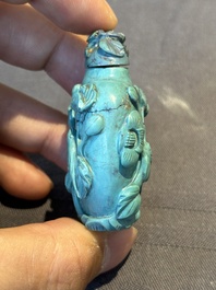 A Chinese carved turquoise snuff bottle and two red lacquer snuff bottles, Qianlong mark, 19/20th C.
