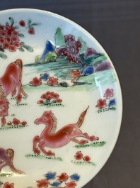Five Chinese famille rose cups and saucers with horses, birds and flowers, Yongzheng/Qianlong
