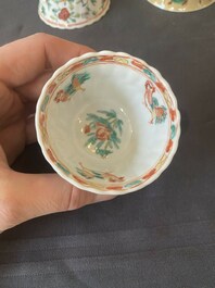 Two pairs of Chinese famille verte cups and saucers, Kangxi