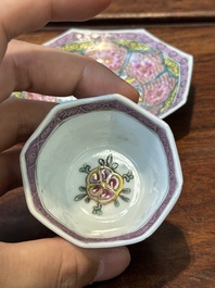 Nine Chinese famille rose cups and eight saucers, Yongzheng/Qianlong