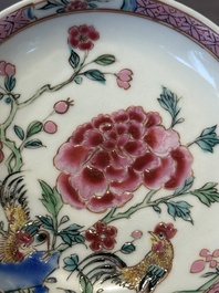Two pairs of Chinese famille rose cups and saucers with pheasants and roosters, Yongzheng/Qianlong