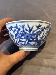 A Chinese blue and white 'Three friends of winter' bowl, Jiajing mark, Kangxi