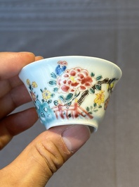 Five Chinese famille rose cups and saucers with horses, birds and flowers, Yongzheng/Qianlong