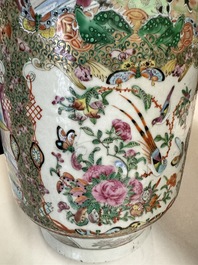 A pair of Chinese Canton famille rose vases with figures, flowers and insects, 19th C.