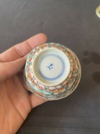 Two pairs of Chinese famille verte cups and saucers, Kangxi