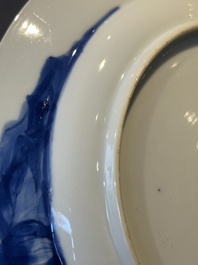 Three Chinese blue and white plates with figural design, Chenghua and Kangxi mark, Kangxi
