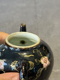 A Chinese famille verte teapot and a famille rose black-ground teapot, Kangxi/Yongzheng