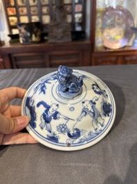 A Chinese blue and white 'Jia Guan Jin Jue 加官晉爵' vase and cover, Transitional period