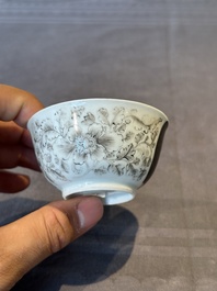 A rare Chinese grisaille and gilt cup and saucer with Ignatius of Loyola, Qianlong