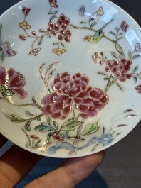 Five Chinese famille rose cups and saucers with horses, birds and flowers, Yongzheng/Qianlong