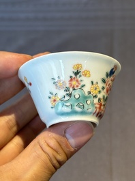 Five Chinese famille rose cups and saucers with horses, birds and flowers, Yongzheng/Qianlong