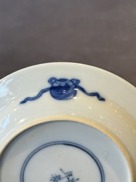 A Chinese blue and white 'erotic' cup and saucer, Kangxi