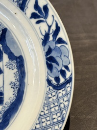 Two Chinese blue and white plates with figural design, Wanli and Kangxi mark, Kangxi
