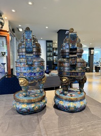 A pair of Chinese cloisonn&eacute; censers with covers and stands, 19/20th C.