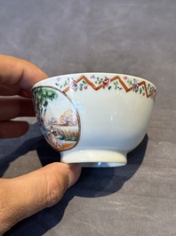 Three Chinese export famille rose 'European subject' cups and two saucers, Qianlong