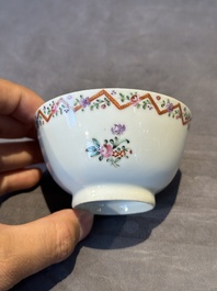 Three Chinese export famille rose 'European subject' cups and two saucers, Qianlong