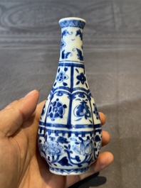 A Chinese blue and white facetted bottle vase with floral design, Kangxi