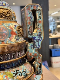 A pair of Chinese cloisonn&eacute; censers with covers and stands, 19/20th C.