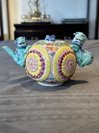 A Chinese famille rose 'Buddhist lion' teapot and cover, Yongzheng