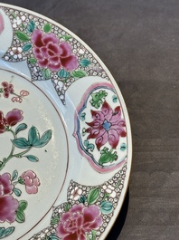 Six Chinese famille rose 'peacock and flowers' plates, Yongzheng