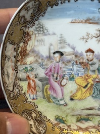 A Chinese Canton famille rose 'mandarin subject' covered teapot and a pair of saucers, Qianlong