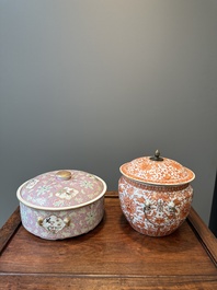 A Chinese iron-red-decorated covered bowl and a famille rose covered bowl, 19th C.