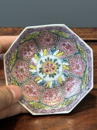 Nine Chinese famille rose cups and eight saucers, Yongzheng/Qianlong