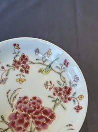 Five Chinese famille rose cups and saucers with horses, birds and flowers, Yongzheng/Qianlong