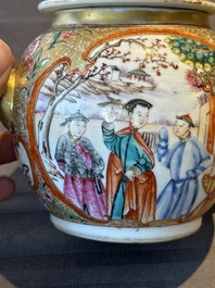 A Chinese Canton famille rose 'mandarin subject' covered teapot and a pair of saucers, Qianlong