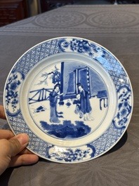 Three Chinese blue and white plates with figural design, Chenghua and Kangxi mark, Kangxi