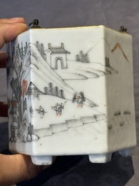A hexagonal Chinese grisaille covered wine jug and warmer, signed Xinan Xushan 新安旭山, Guangxu mark, 19th C.