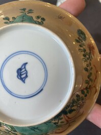 Two pairs of Chinese famille verte cups and saucers, Kangxi